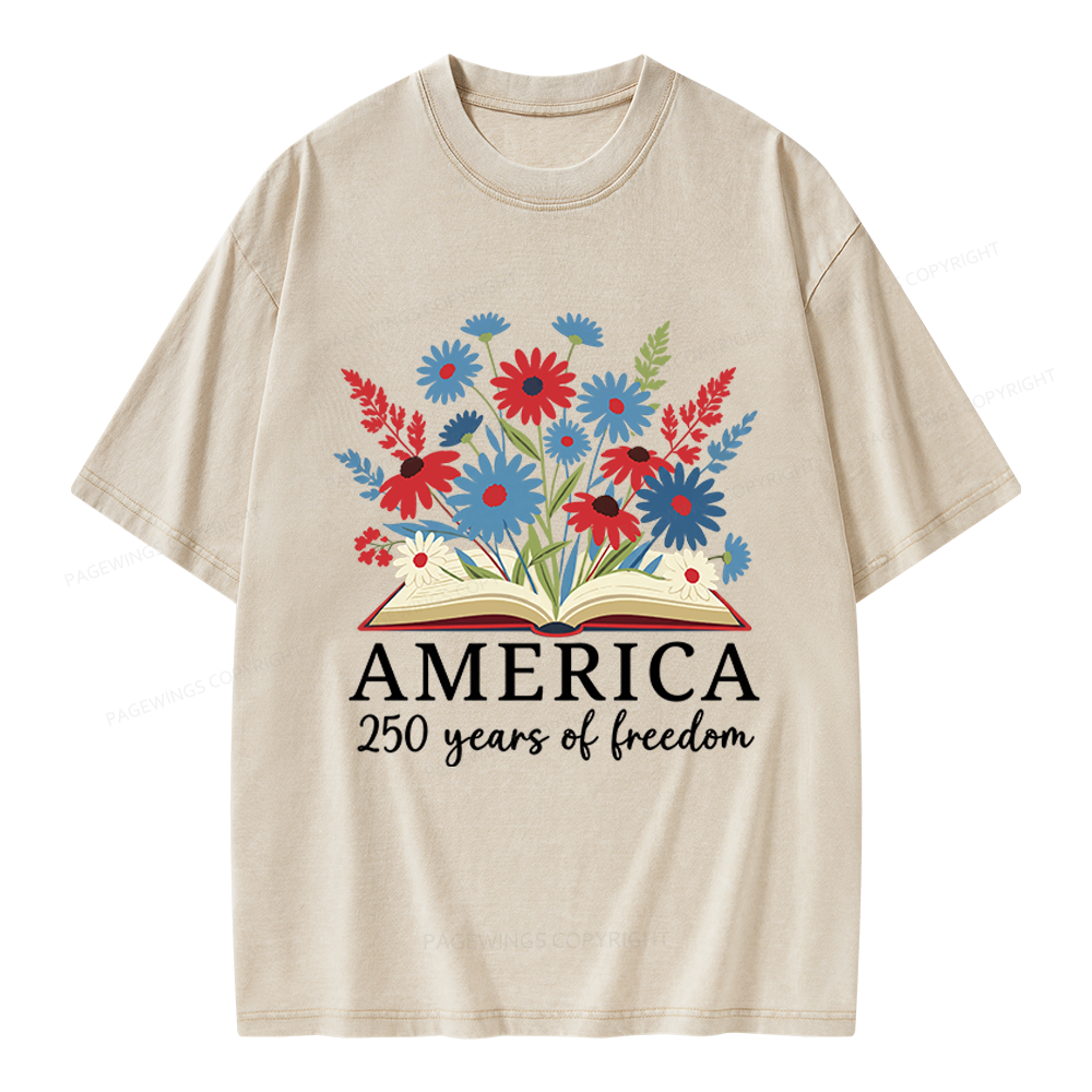 Pagewings Floral Patriotic America 250 Unisex Washed T-shirt