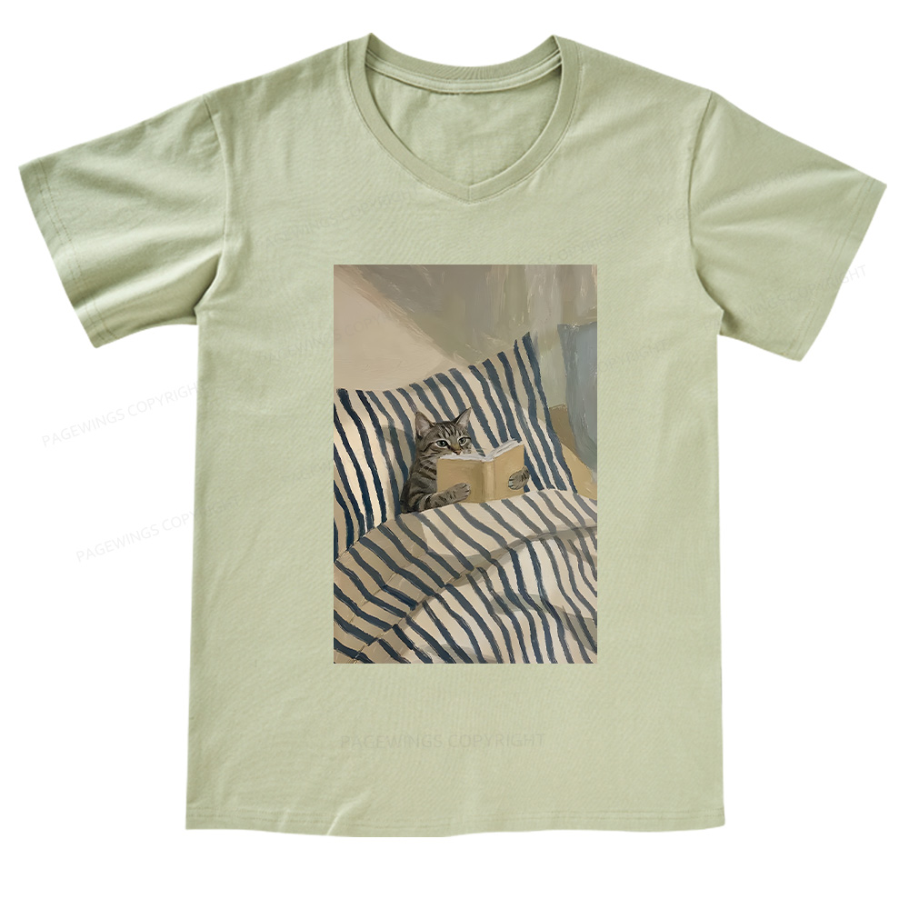 Pagewings Cat Reading Book In Bed V-neck T-shirt
