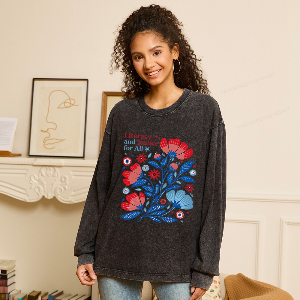 Pagewings Literacy and Justice for All Unisex Washed Long Sleeve T-shirt