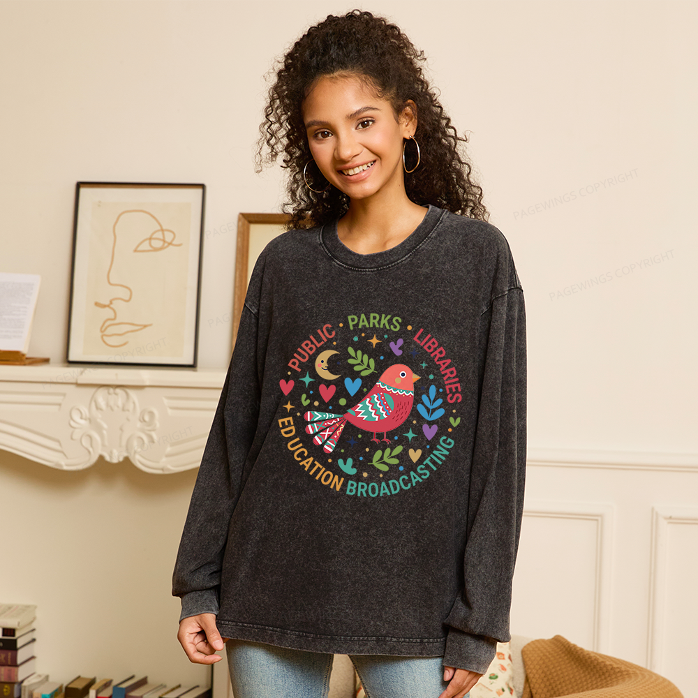 Pagewings Public Parks Libraries Education Broadcasting Unisex Washed Long Sleeve T-shirt