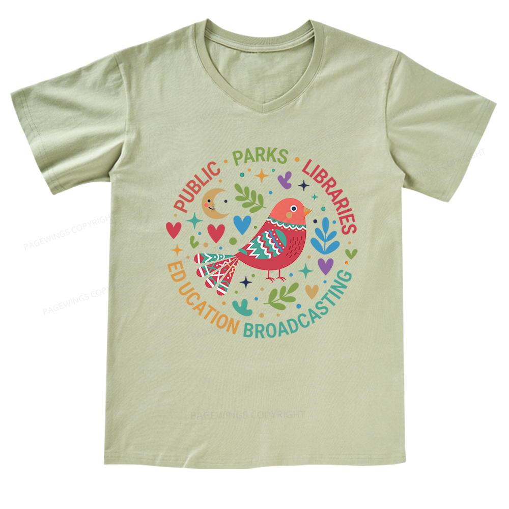 Pagewings Public Parks Libraries Education Broadcasting V-neck T-shirt