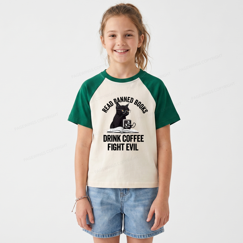 Pagewings Read Books Drink Coffee Fight Evil Kids Raglan T-shirt 