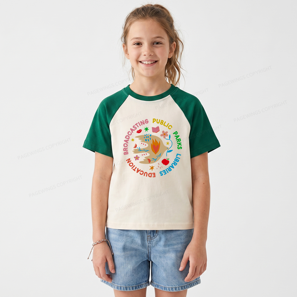 Pagewings Public Parks Libraries Education Broadcasting Kids Raglan T-shirt 