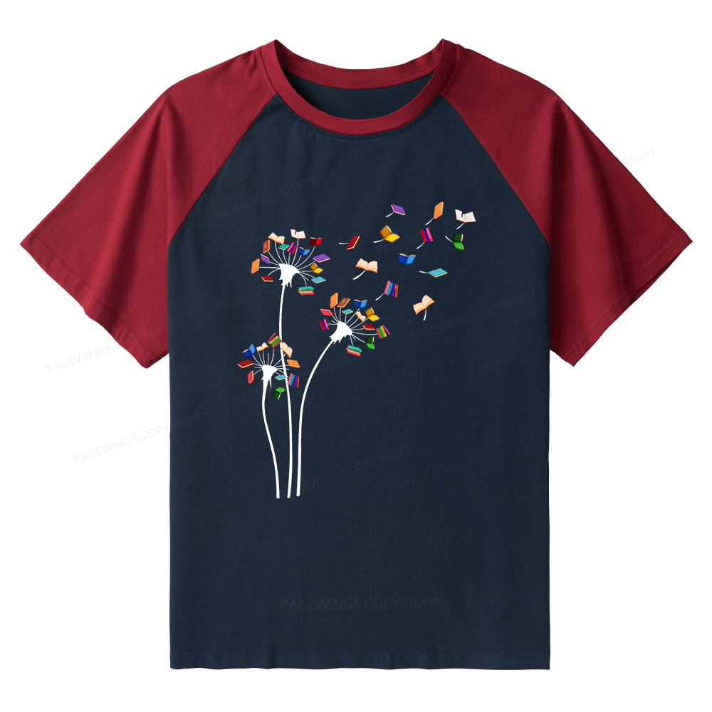 Pagewings Cute Dandelion Books Flower Fly Raglan T-shirt