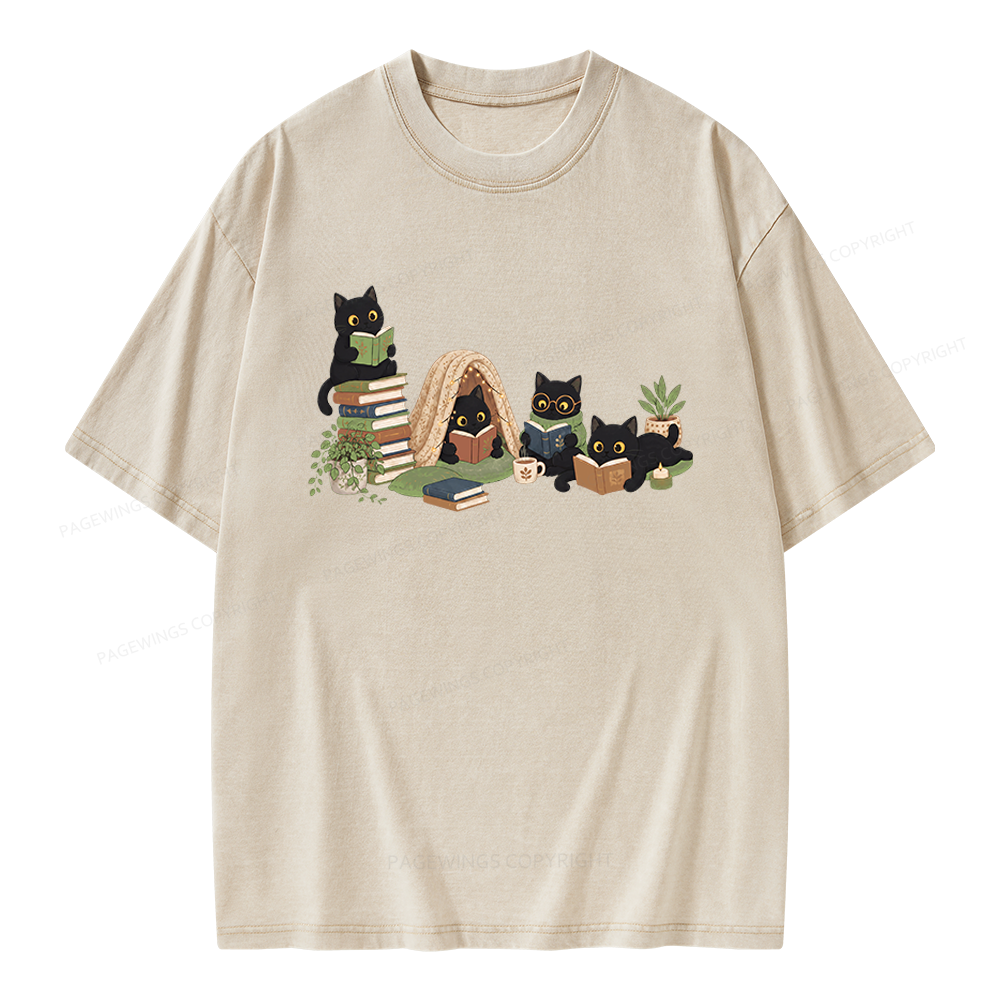 Pagewings Black Cat Reading Unisex Washed T-shirt