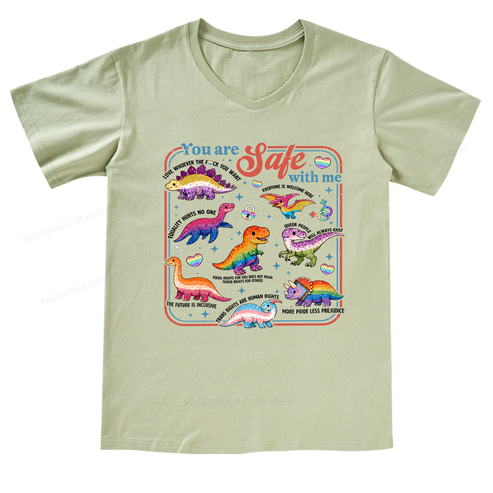 Pagewings Dinosaur Rainbow V-neck T-shirt