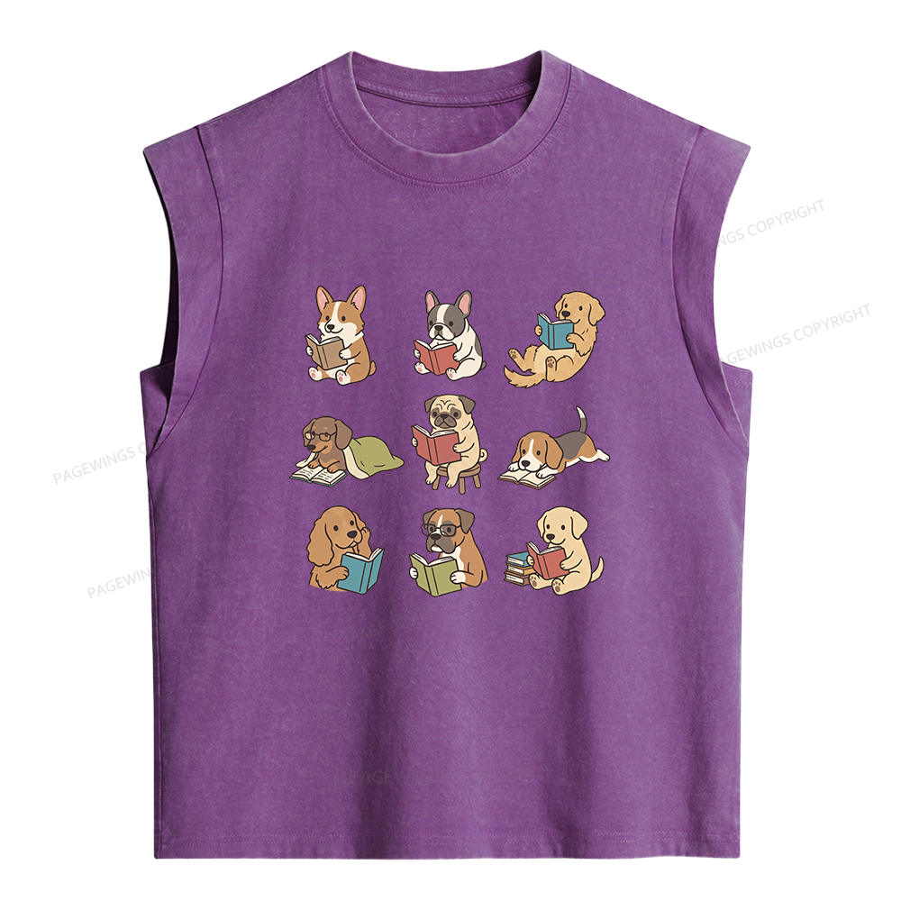 Pagewings Funny Dog Reading Women's Washed Tank Top