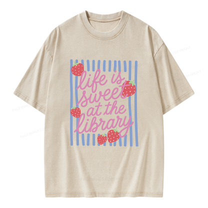 Pagewing Librarian Strawberries Unisex Washed T-shirt