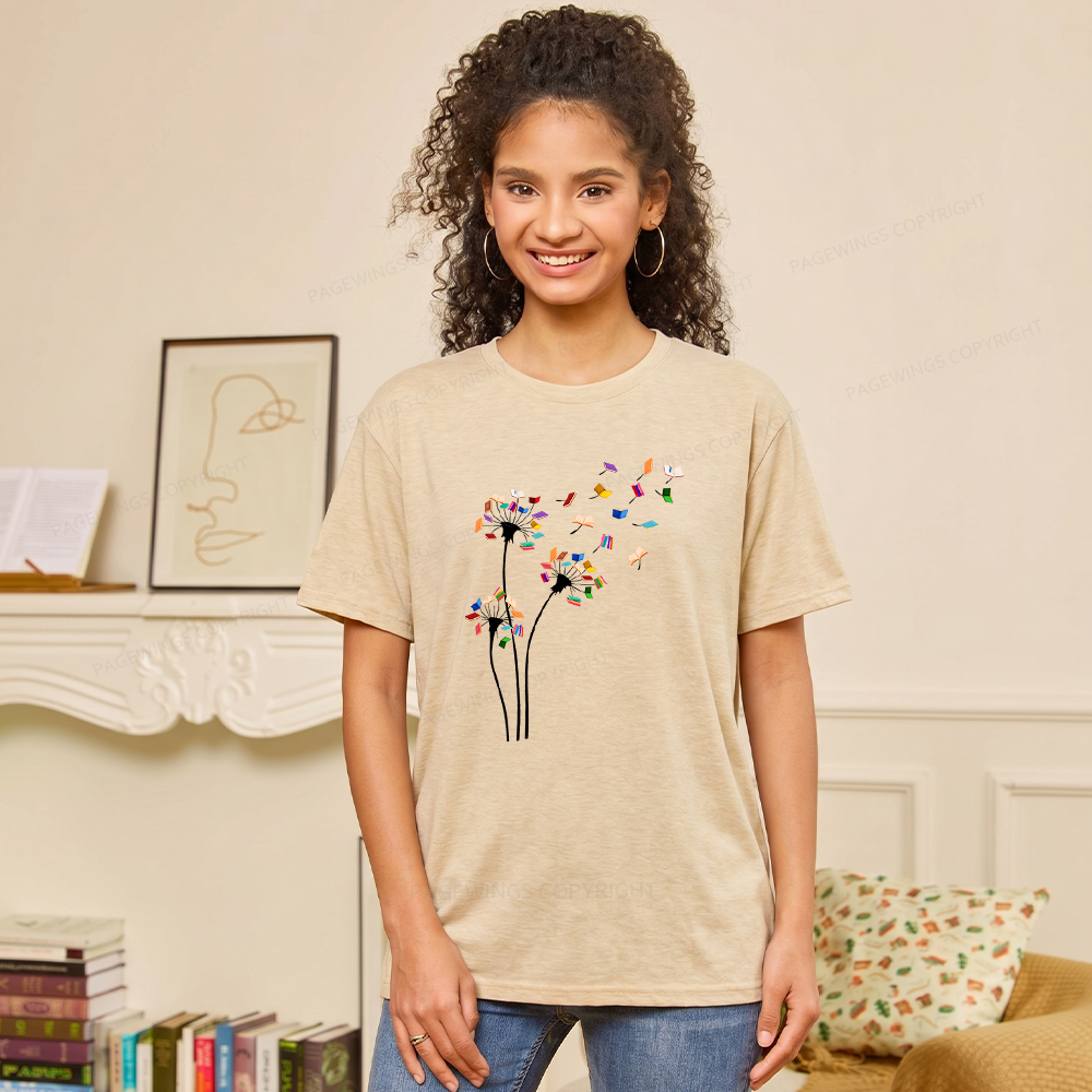 Pagewings Soft Cute Dandelion Books Flower Fly 10035 Bookish Unisex Heather T-Shirt