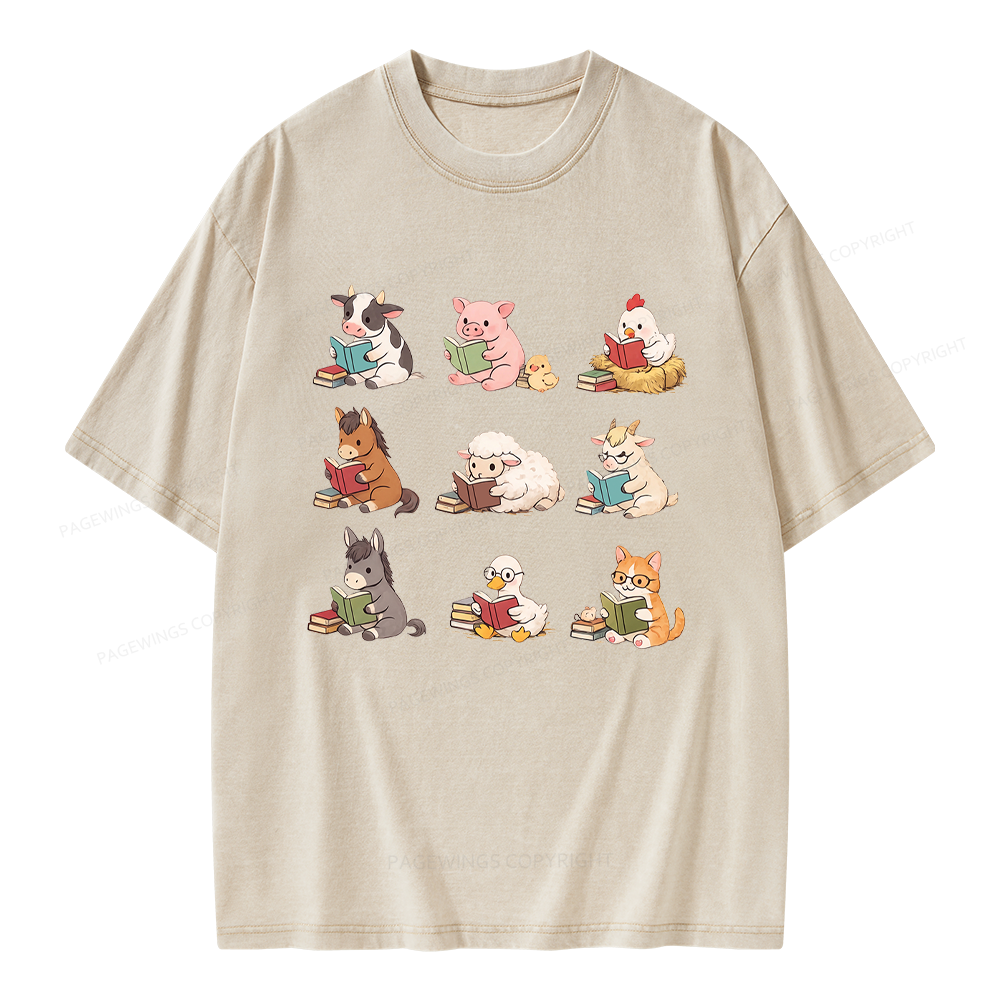 Pagewing Farm Animals Reading Unisex Washed T-shirt