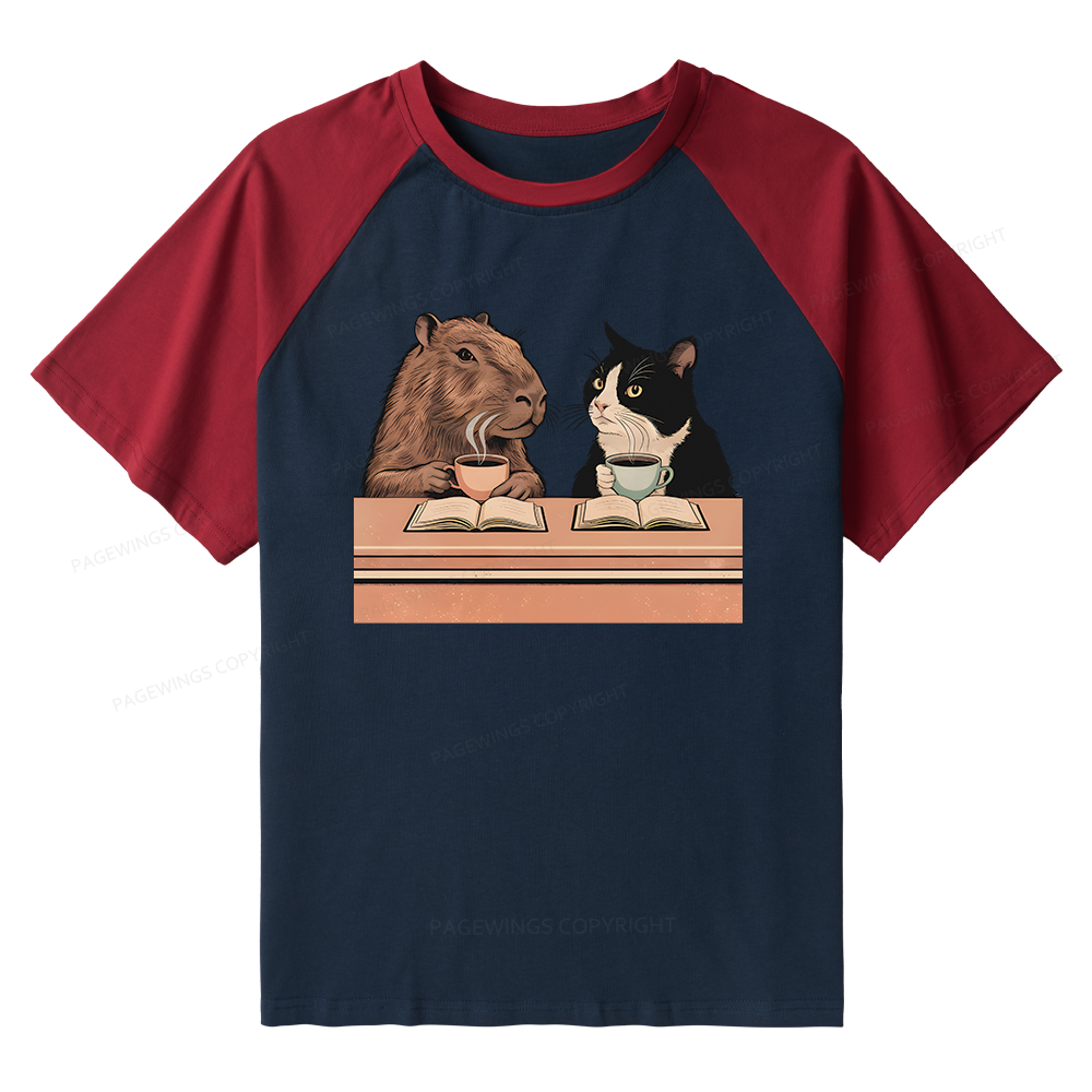 Pagewings Capybara and Tuxedo Cat 11180 Bookish Raglan T-shirt
