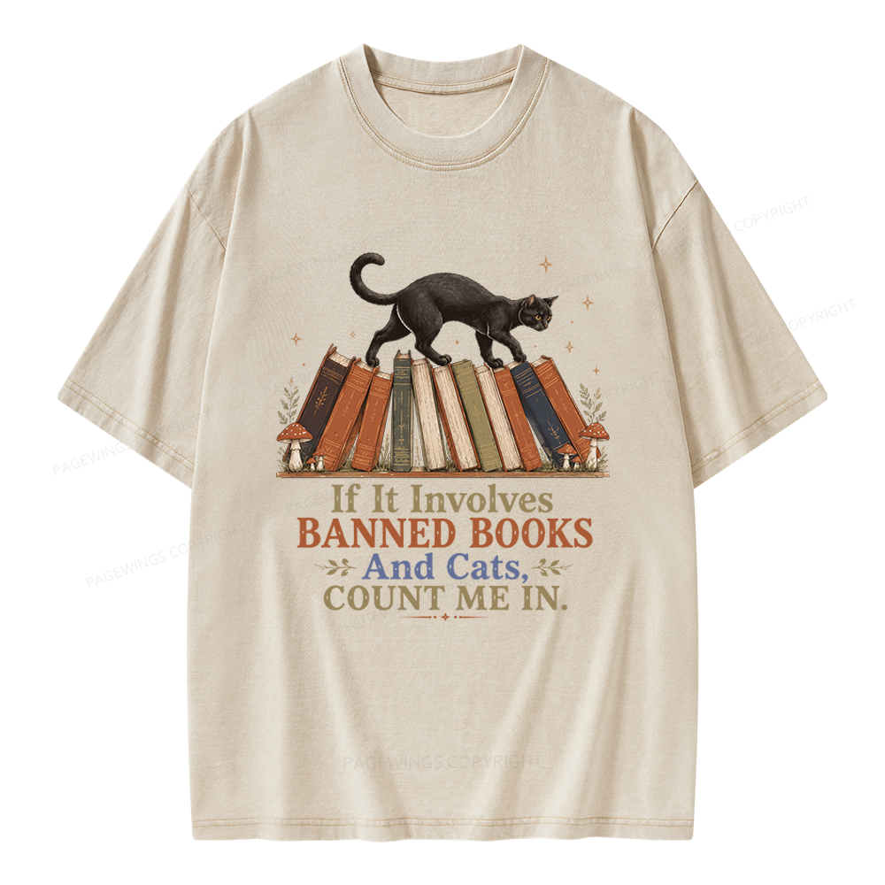 Pagewing Cat Read Banned Books Unisex Washed T-shirt