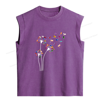 Pagewings Cute Dandelion Books Flower Fly 10035 Bookish Women's Washed Tank Top