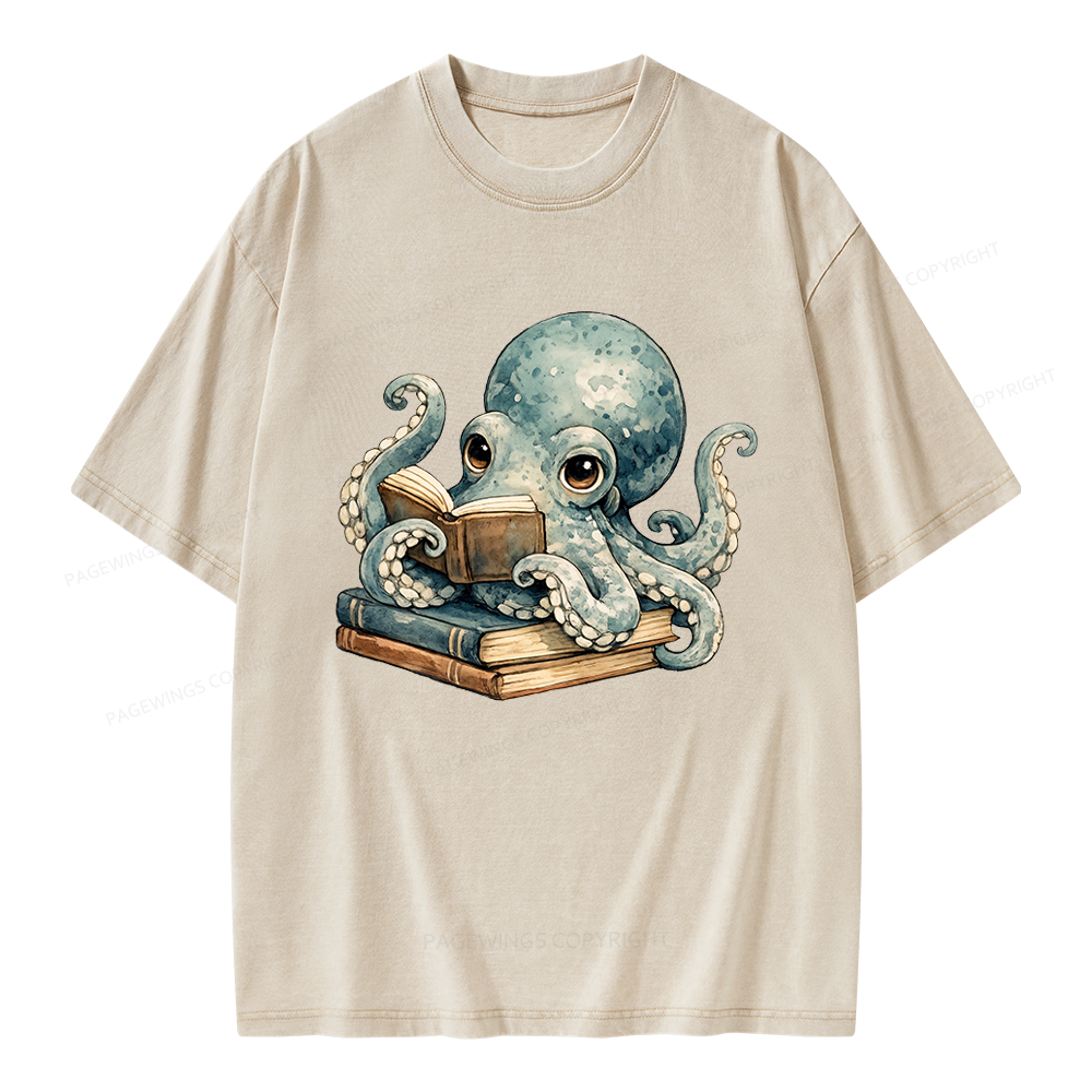 Pagewing Octopus Book Lover Unisex Washed T-shirt