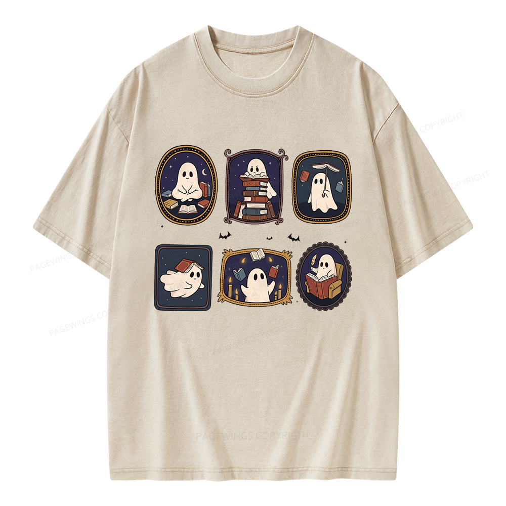 Pagewings Ghost Reading Book Unisex Washed T-shirt
