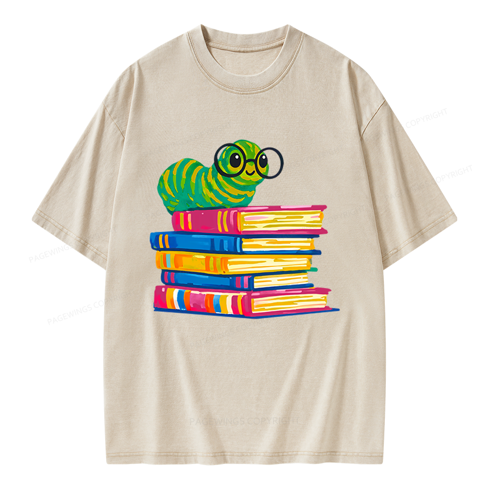 Pagewings Cute Reading Worm Unisex Washed T-shirt