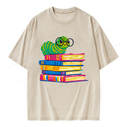 Pagewings Cute Reading Worm Unisex Washed T-shirt