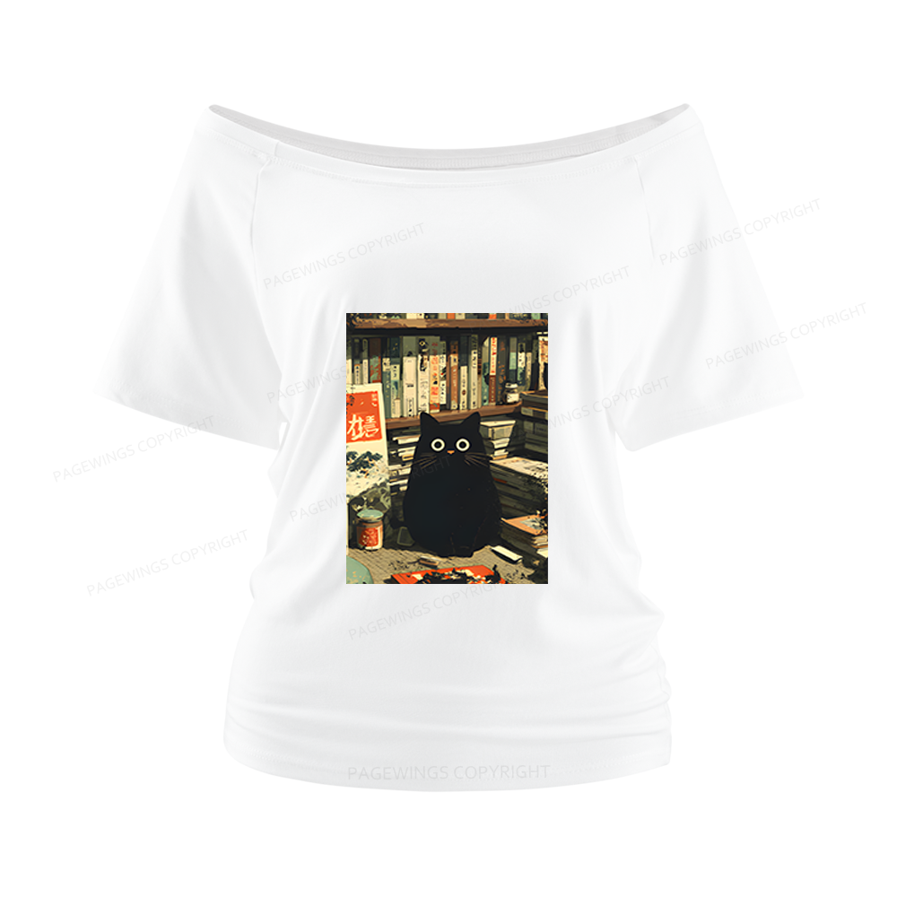 Pagewings Vintage Cat Book Lovers Women Off Shoulder T-shirts