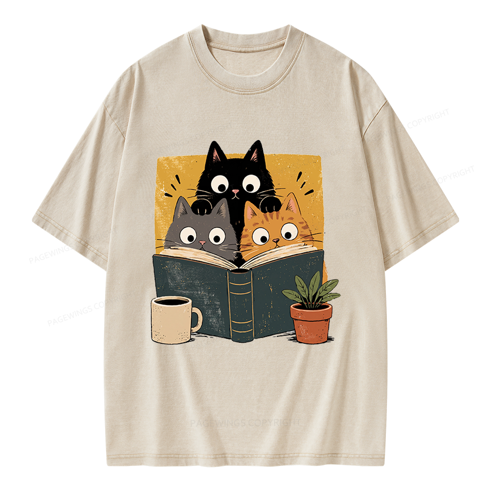 Pagewings Retro Curious Reading Cats Unisex Washed T-shirt