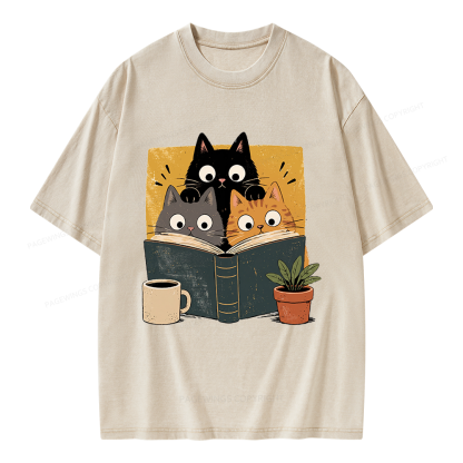 Pagewings Retro Curious Reading Cats Unisex Washed T-shirt