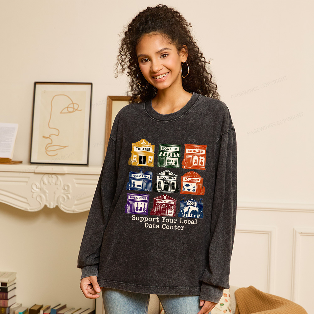 Pagewings Support Your Local Data Center Unisex Washed Long Sleeve T-shirt