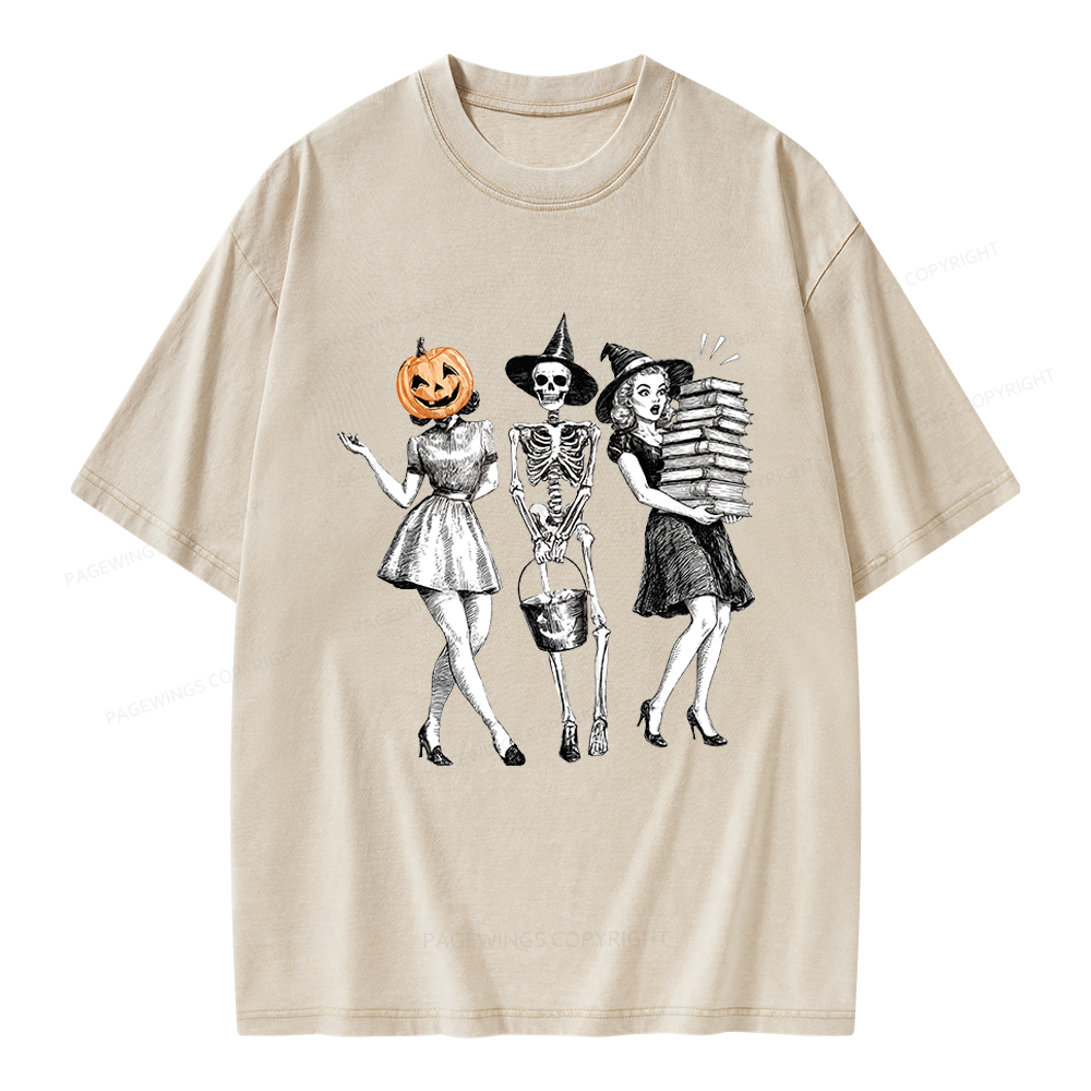 Pagewings Spooky Books Girl Unisex Washed T-shirt