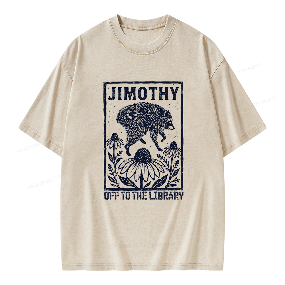 Pagewings Raccoon Meme Off To The Library Unisex Washed T-shirt