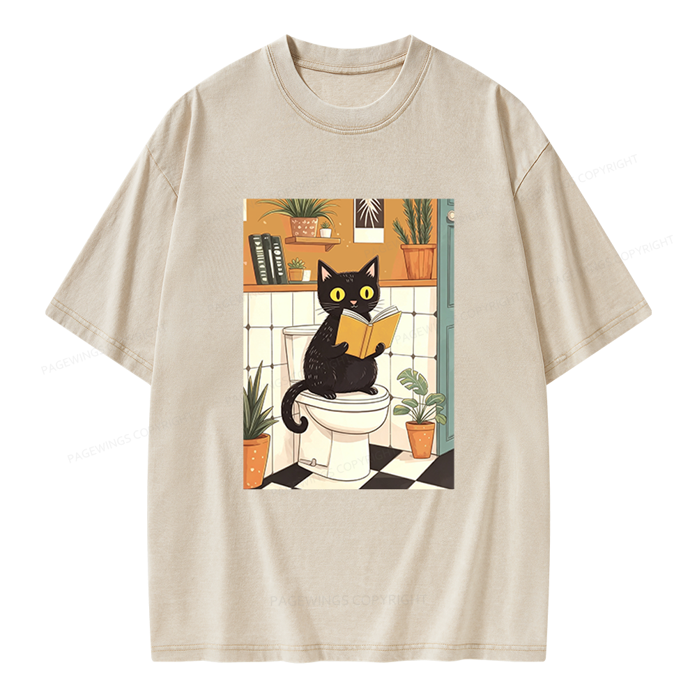 Pagewings Cat Reading on Toilet Unisex Washed T-shirt