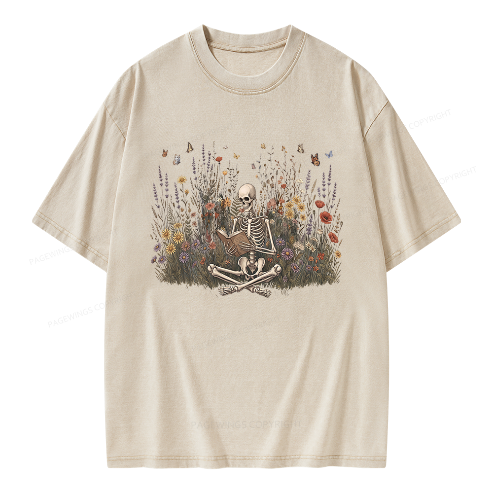 Pagewings Skeleton Reading Book Unisex Washed T-shirt