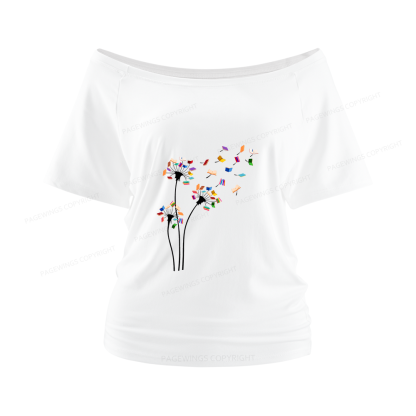 Pagewings Cute Dandelion Books Flower Fly Women Off Shoulder T-shirts