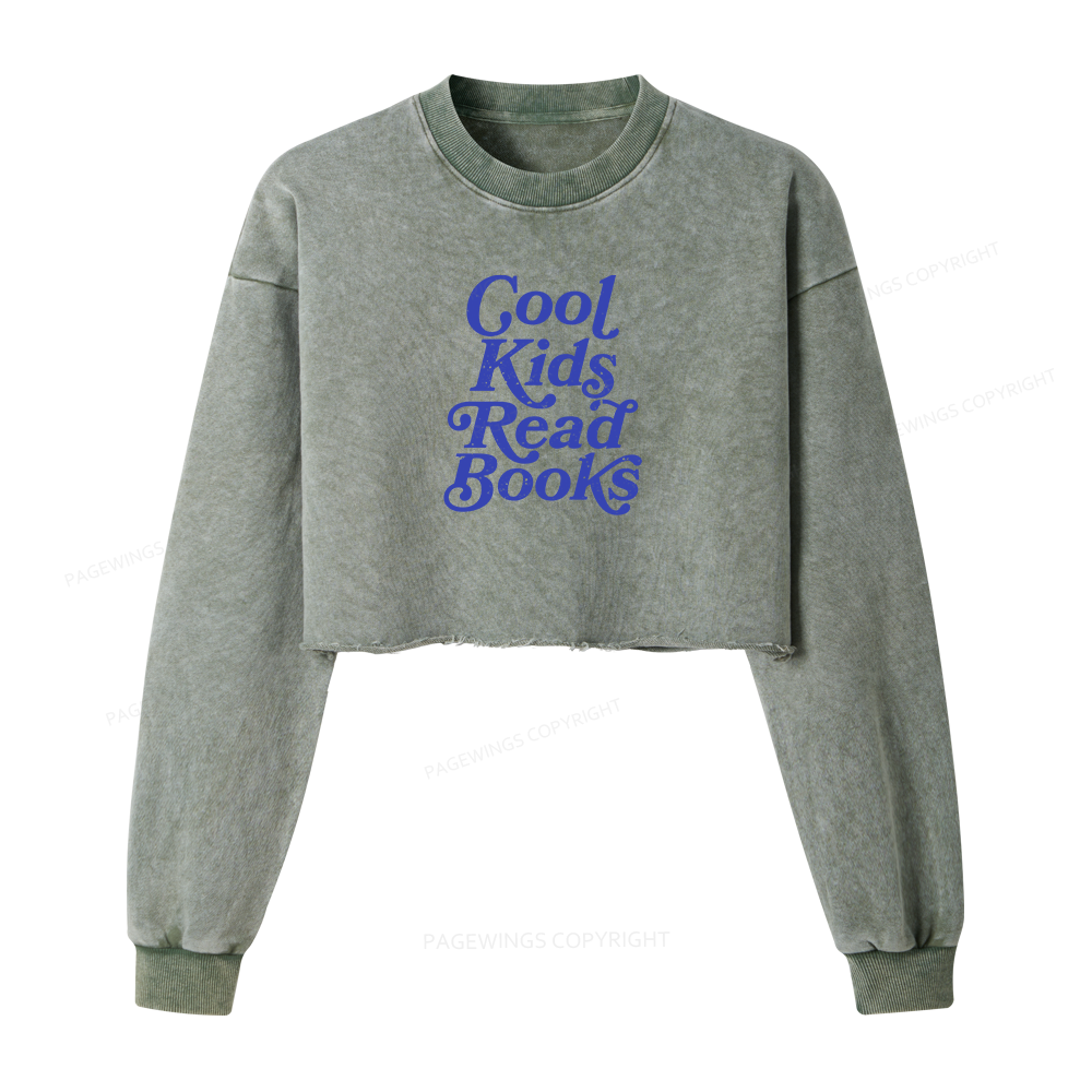 Pagewings Cool Kids Read Books Women Washed Crop Sweatshirt