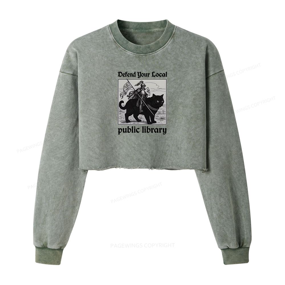 Pagewings Defend Your Local public library Women Washed Crop Sweatshirt