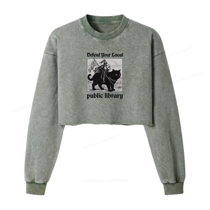 Pagewings Defend Your Local public library Women Washed Crop Sweatshirt