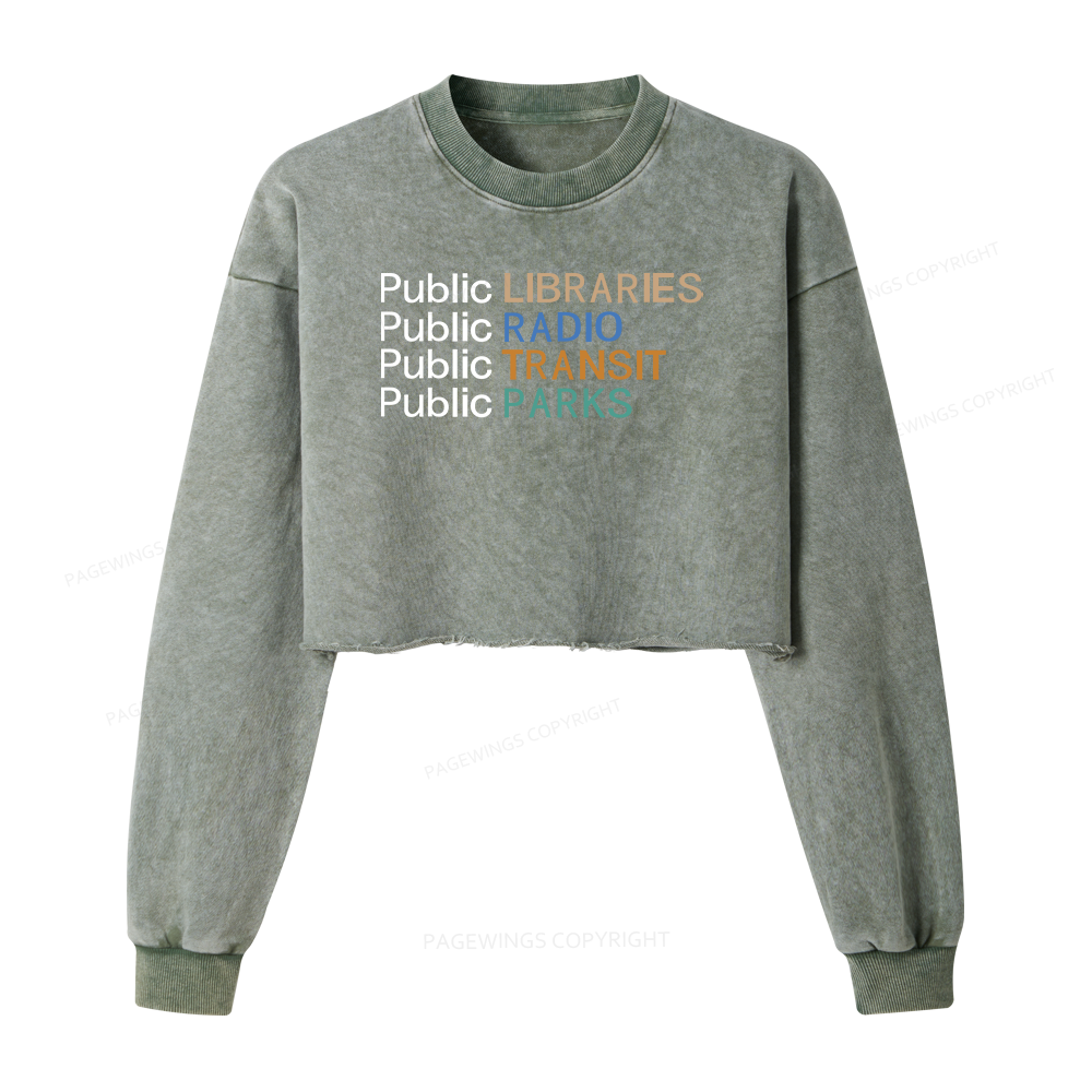 Pagewings Public Libraries Radio Transit Parks Women Washed Crop Sweatshirt