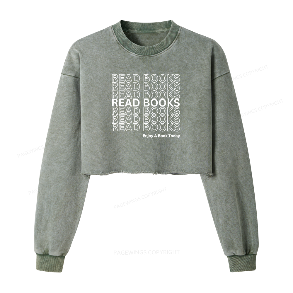 Pagewings Read Books Librarian Women Washed Crop Sweatshirt