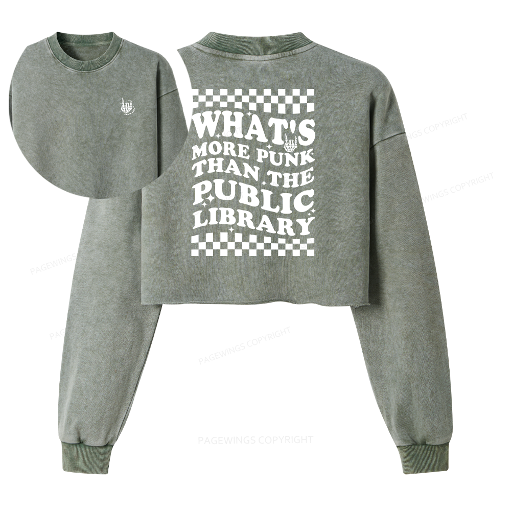 Pagewings Punk The Public Library Women Washed Crop Sweatshirt