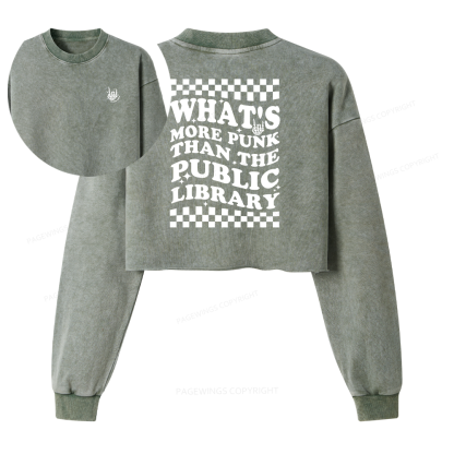 Pagewings Punk The Public Library Women Washed Crop Sweatshirt