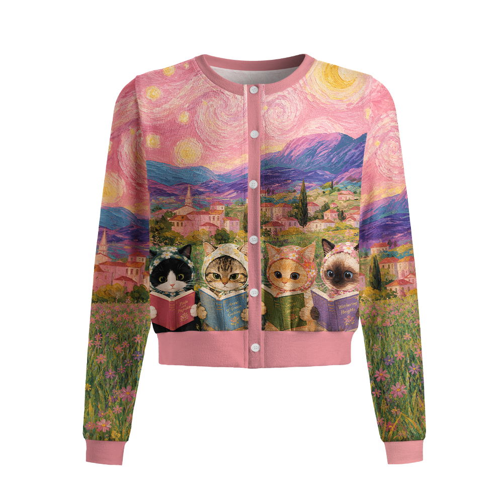 Pagewings Reading Cat Crew Neck Cardigan Sweaters
