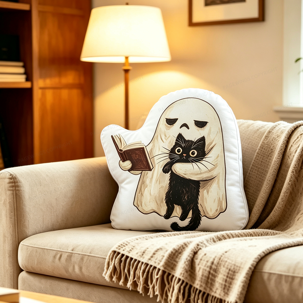 Pagewings Ghost Cat Spooky Shaped Throw Pillow