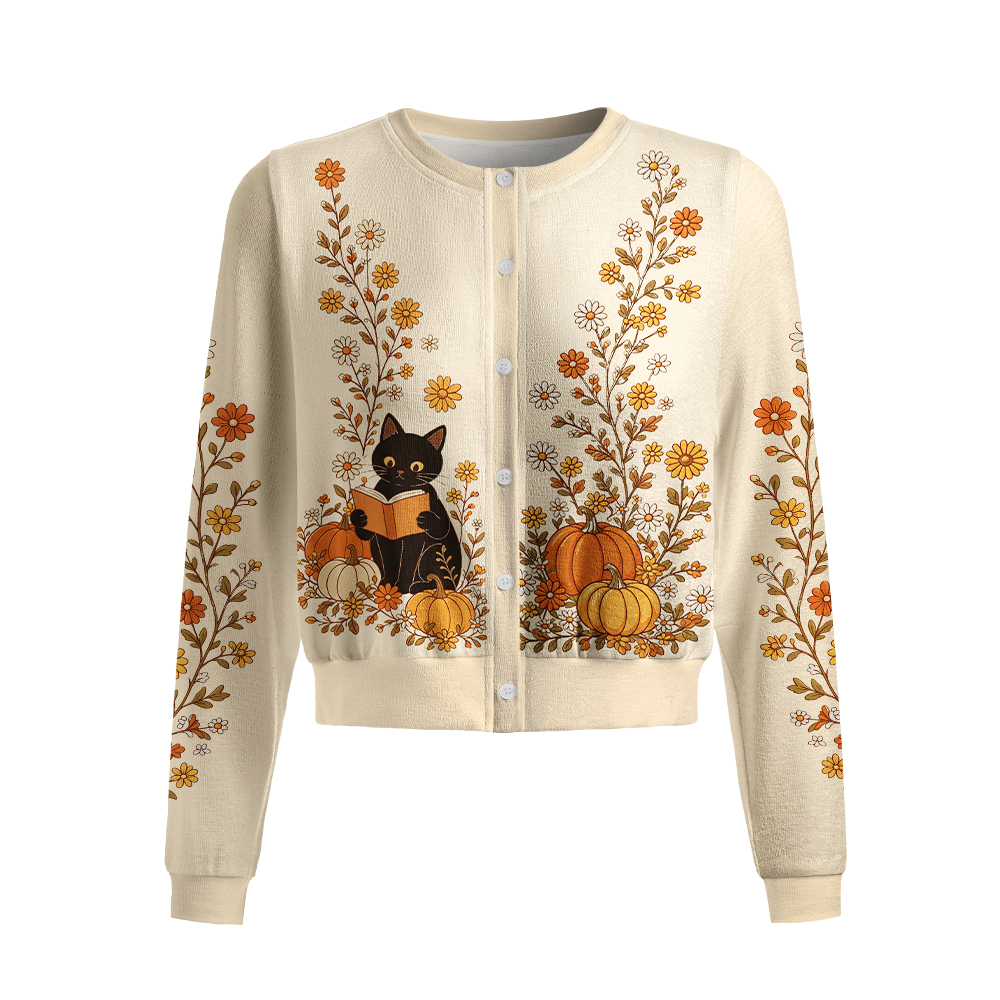 Pagewings Cat Book Lover Crew Neck Cardigan Sweaters