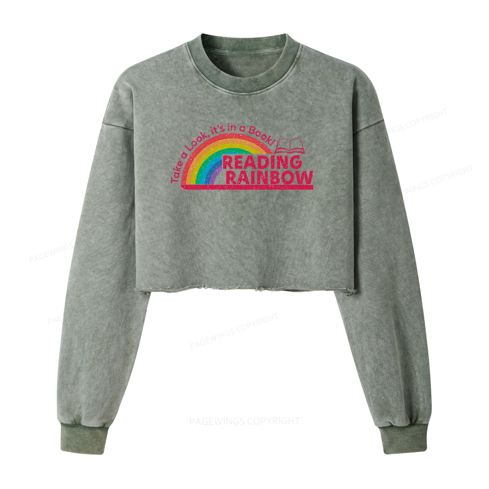 Pagewings Reading With Rainbow Women Washed Crop Sweatshirt