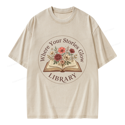Pagewings Where Your Stories Glow Library Unisex Washed T-shirt