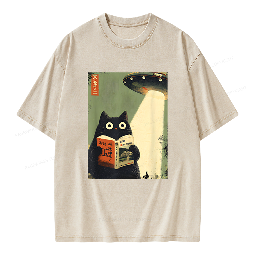Pagewings Vintage Cat Book Lovers Unisex Washed T-shirt