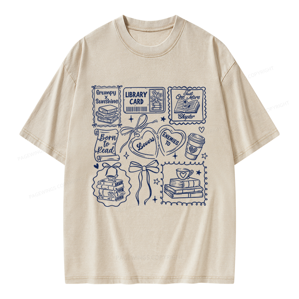 Pagewings Retro Book And Coffee Unisex Washed T-shirt