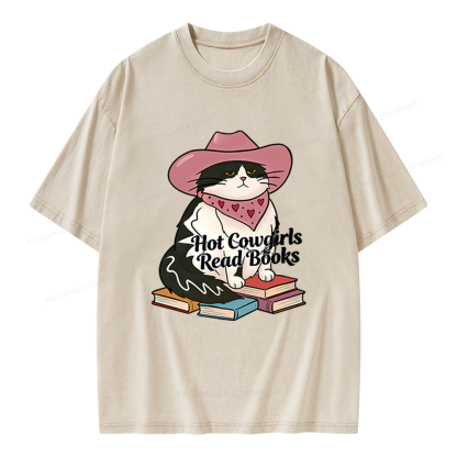 Pagewings Hot Cowgirls Read Books Unisex Washed T-shirt