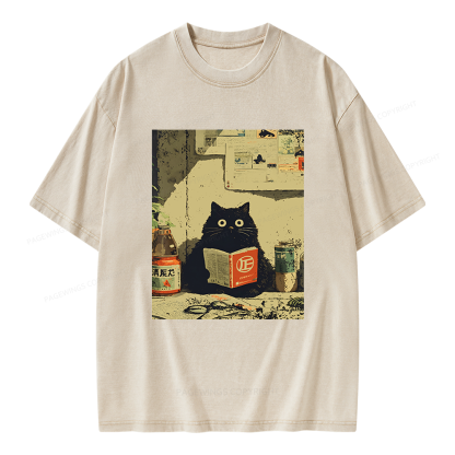 Pagewings Vintage Cat Book Unisex Washed T-shirt