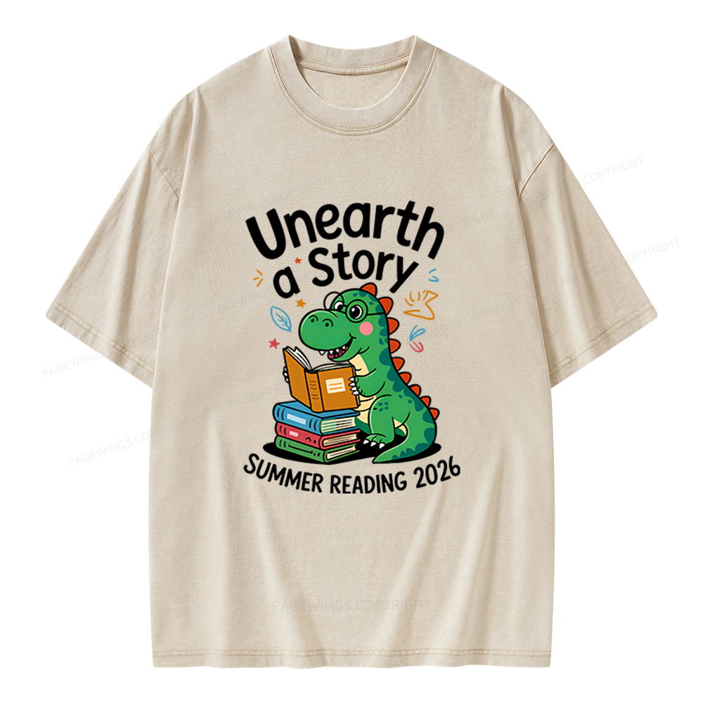 Pagewings Unearth a Story Dinosaur Summer Reading 2026 Unisex Washed T-shirt