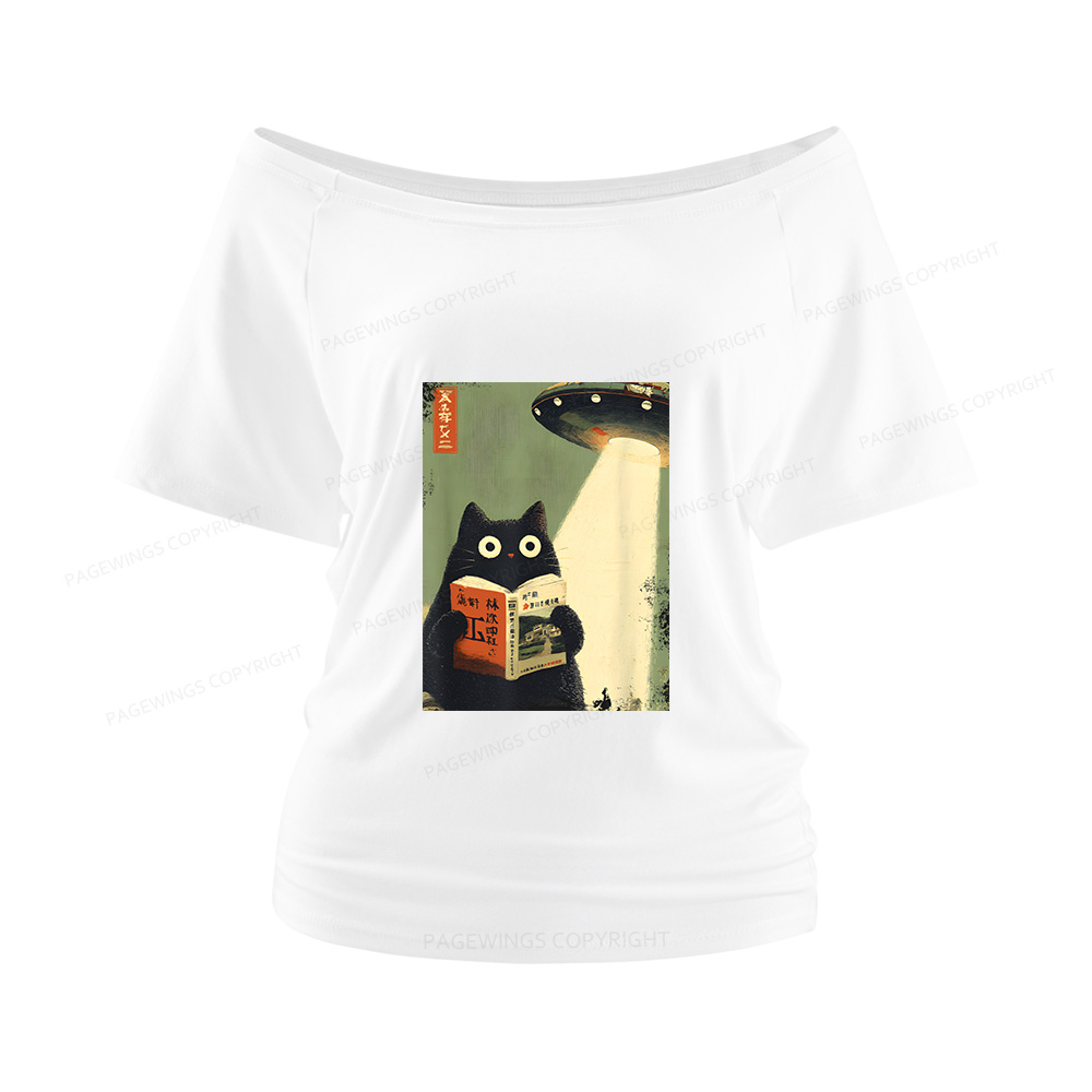 Pagewings Vintage Japanese Cat Book Lovers Women Off Shoulder T-shirts