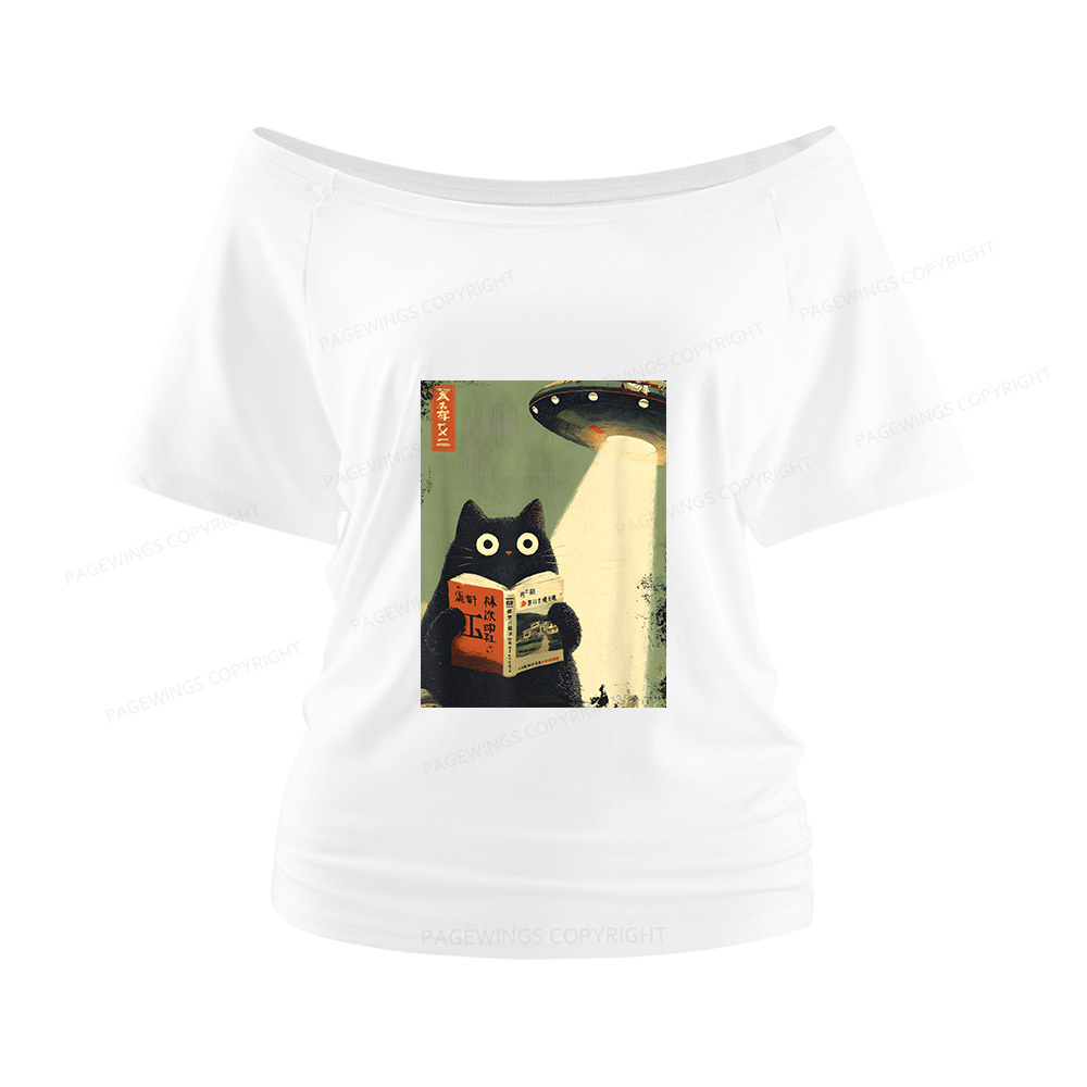Pagewings Vintage Japanese Cat Book Lovers Women Off Shoulder T-shirts