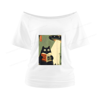 Pagewings Vintage Japanese Cat Book Lovers Women Off Shoulder T-shirts